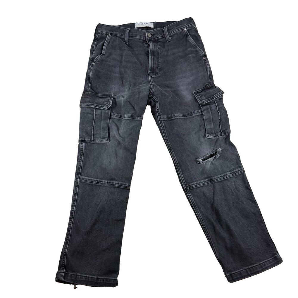 Hollister Mens Double Knee Cargo Jeans Baggy 33x32 Black Fade Preppy Y2K